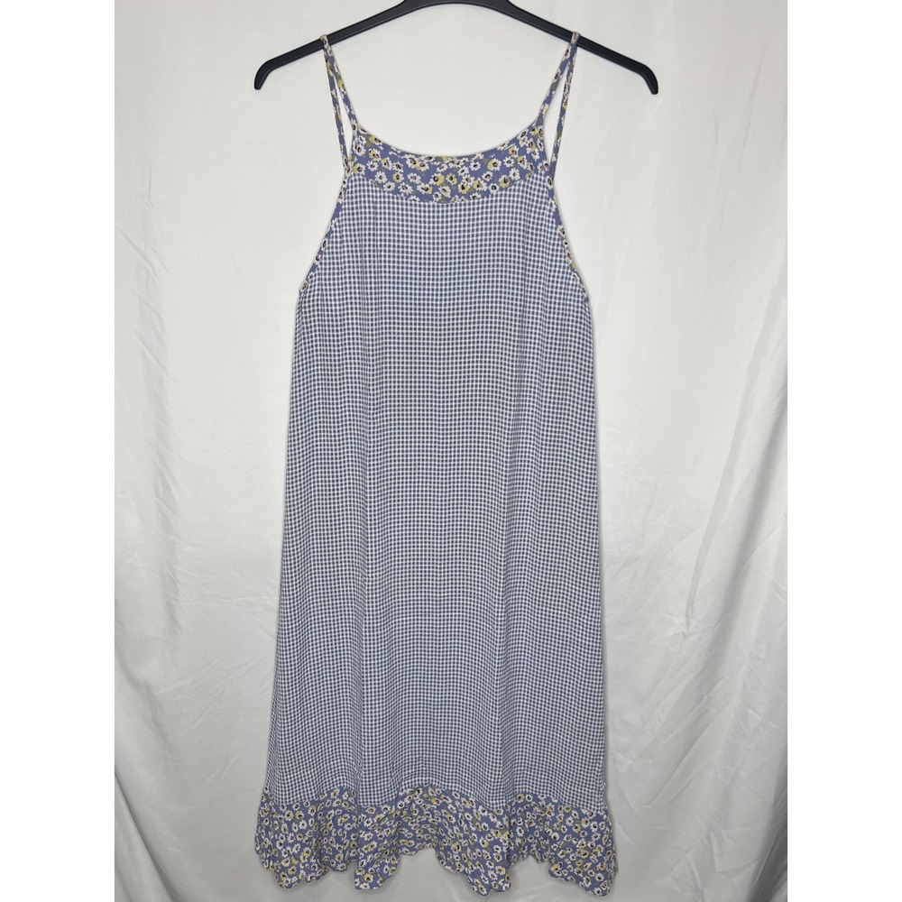 Spaghetti Strap‎ Purple White Gingham Sundress Ruffle Floral Print Trim Jr Girls